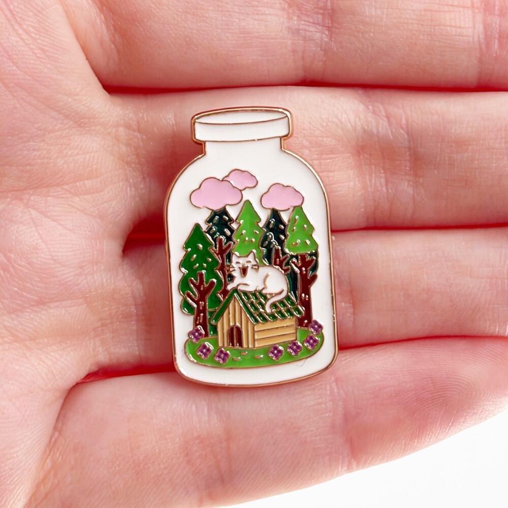 Cute Cat in Forest Potion Bottle Enamel Pin Cottagecore Nature Mushroom